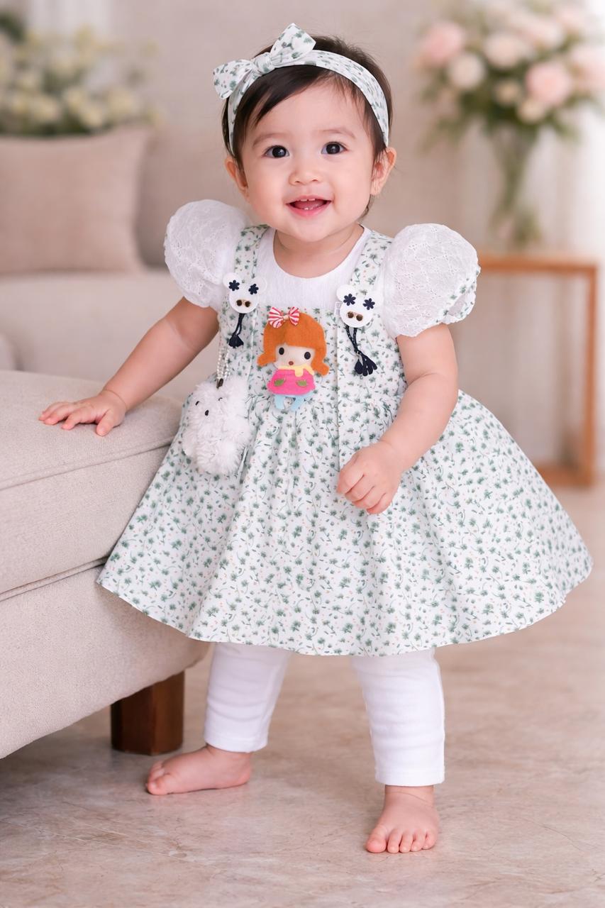 Baby & Toddler Girls' 3-Piece Floral Pinafore Set – Puff Sleeve Princess Dress with Matching Leggings, 3D Doll Appliqué, and Plush Charm Accessory