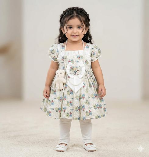 Toddler Girls' Floral Pinafore Set – Puff Sleeve A-Line Dress with Oversized Statement Bow, White Leggings & Detachable Plush Teddy Bear Accessory