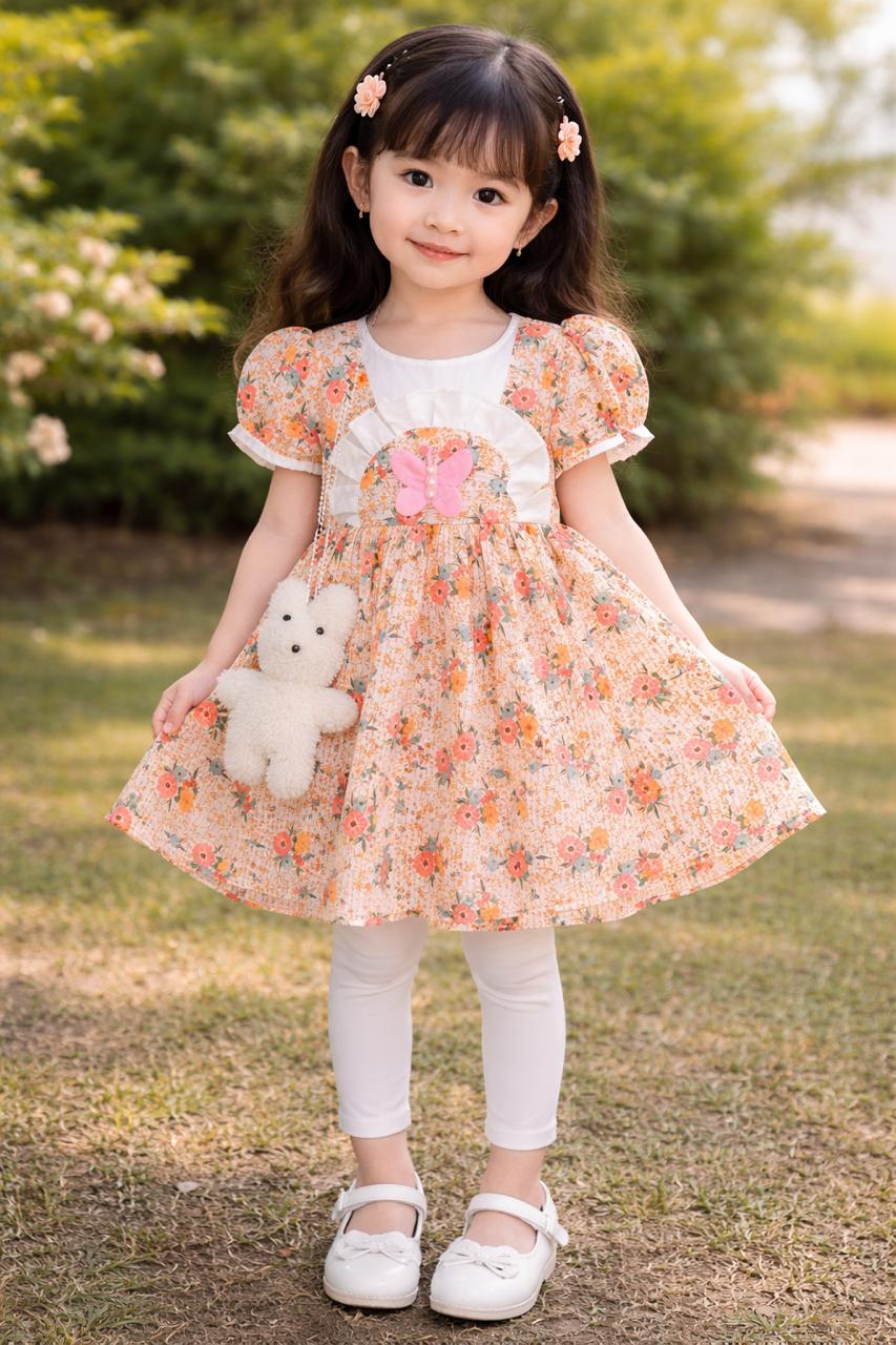 Girls' Floral Garden Party Set – 3-Piece Outfit with Asymmetrical Blossom Corsage, Faux Pearl Necklace, White Leggings & Plush Bear Accessory