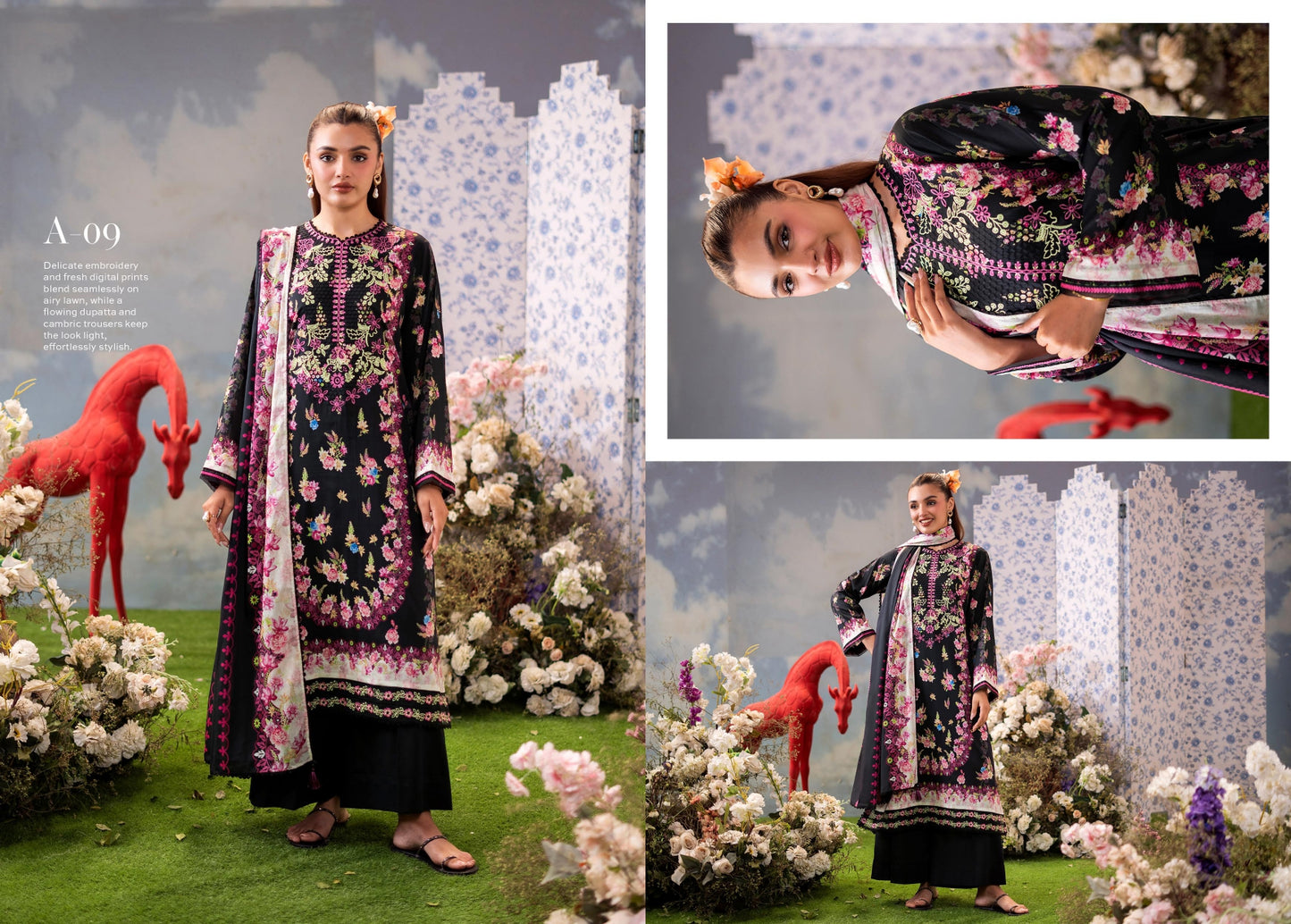 Premium 3-Piece Unstitched Embroidered Lawn Suit – Digital Printed | Yusra Essentials