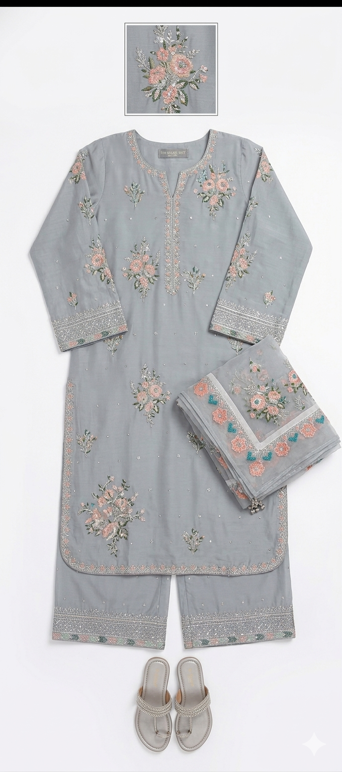 Yusra Essentials | Premium Embroidered 3-Piece Cotton Silk Suite – Slate Grey & Blush Flora