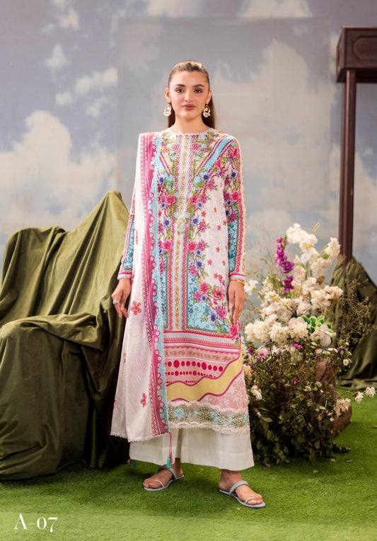 Premium 3-Piece Unstitched Embroidered Lawn Suit – Digital Printed | Yusra Essentials