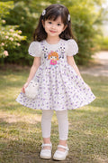 Baby & Toddler Girls' 3-Piece Floral Pinafore Set – Puff Sleeve Princess Dress with Matching Leggings, 3D Doll Appliqué, and Plush Charm Accessory