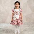 Toddler Girls' Floral Pinafore Set – Puff Sleeve A-Line Dress with Oversized Statement Bow, White Leggings & Detachable Plush Teddy Bear Accessory