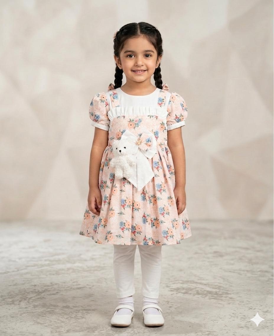 Toddler Girls' Floral Pinafore Set – Puff Sleeve A-Line Dress with Oversized Statement Bow, White Leggings & Detachable Plush Teddy Bear Accessory