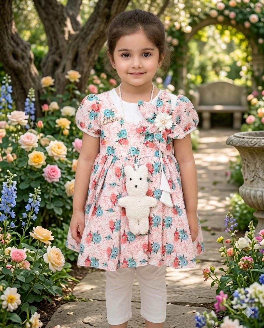 Girls' Floral Garden Party Set – 3-Piece Outfit with Asymmetrical Blossom Corsage, Faux Pearl Necklace, White Leggings & Plush Bear Accessory