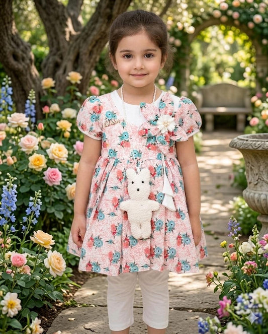 Girls' Floral Garden Party Set – 3-Piece Outfit with Asymmetrical Blossom Corsage, Faux Pearl Necklace, White Leggings & Plush Bear Accessory