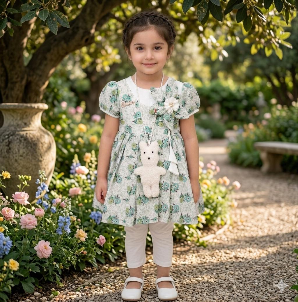 Girls' Floral Garden Party Set – 3-Piece Outfit with Asymmetrical Blossom Corsage, Faux Pearl Necklace, White Leggings & Plush Bear Accessory