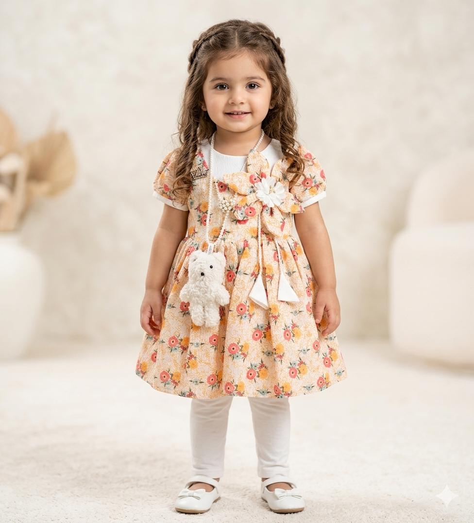 Girls' Floral Garden Party Set – 3-Piece Outfit with Asymmetrical Blossom Corsage, Faux Pearl Necklace, White Leggings & Plush Bear Accessory