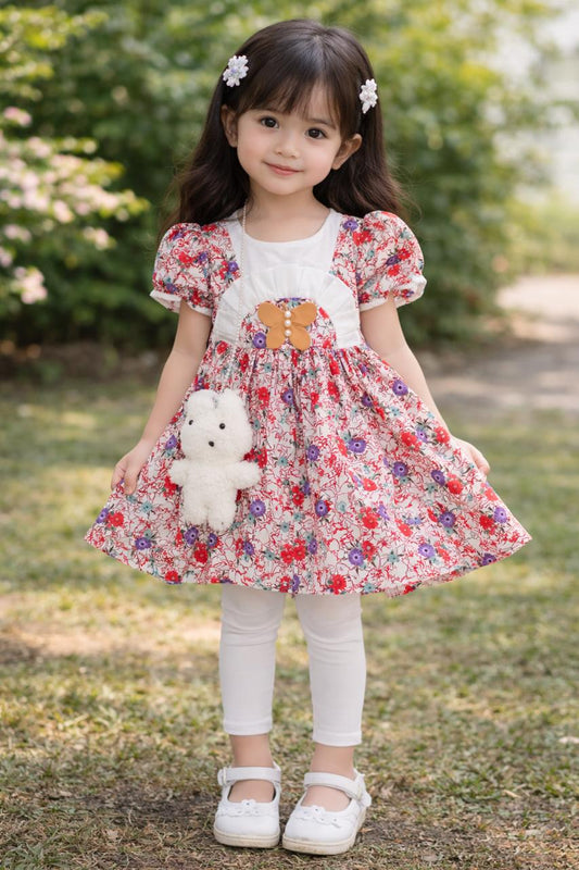 Girls' Floral Garden Party Set – 3-Piece Outfit with Asymmetrical Blossom Corsage, Faux Pearl Necklace, White Leggings & Plush Bear Accessory