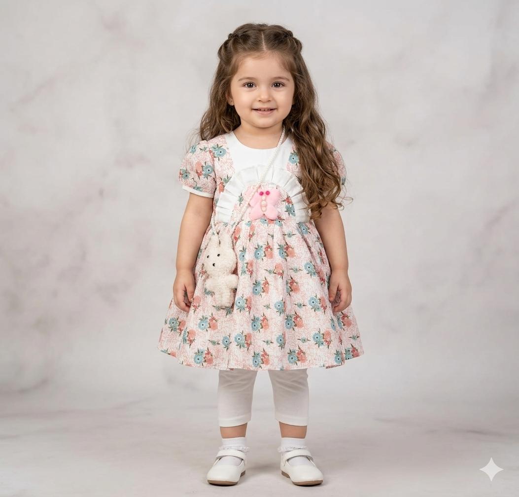 Girls' Floral Garden Party Set – 3-Piece Outfit with Asymmetrical Blossom Corsage, Faux Pearl Necklace, White Leggings & Plush Bear Accessory