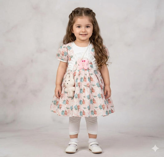 Girls' Floral Garden Party Set – 3-Piece Outfit with Asymmetrical Blossom Corsage, Faux Pearl Necklace, White Leggings & Plush Bear Accessory