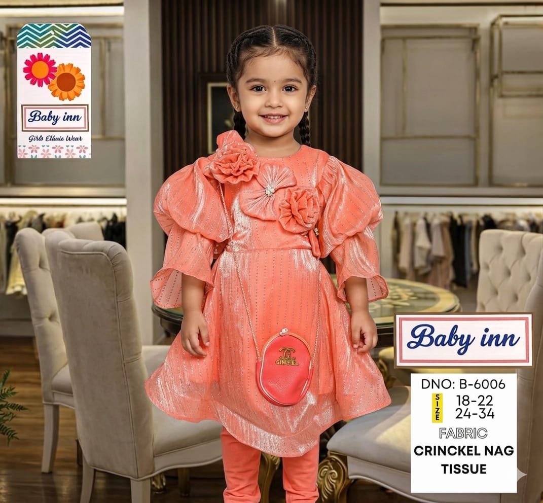 Girls' Shimmer Crinkle Tissue Party Set – Festive Bell-Sleeve Frock with 3D Floral Appliqué, Matching Trousers & Designer-Style Mini Purse