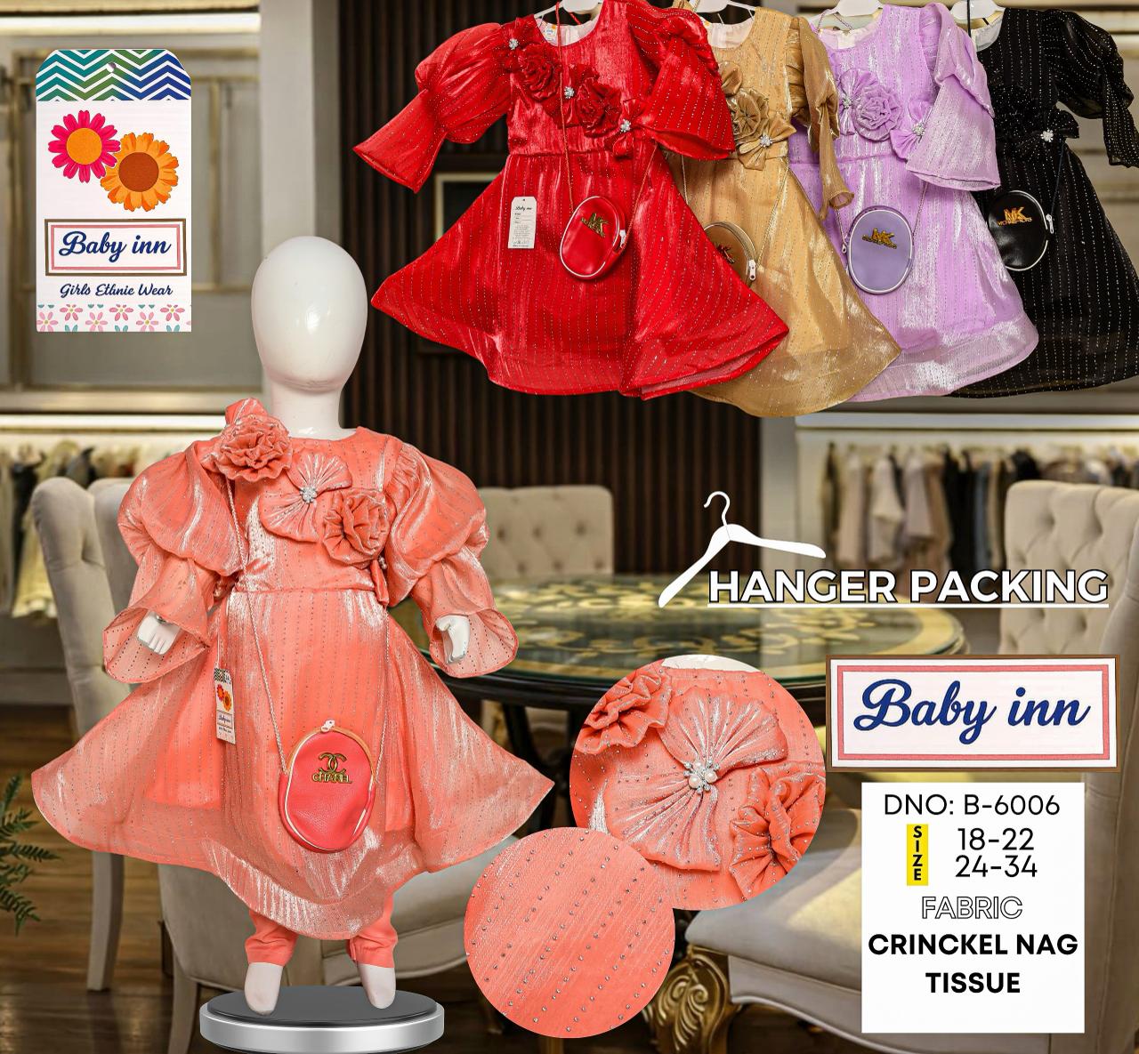 Girls' Shimmer Crinkle Tissue Party Set – Festive Bell-Sleeve Frock with 3D Floral Appliqué, Matching Trousers & Designer-Style Mini Purse