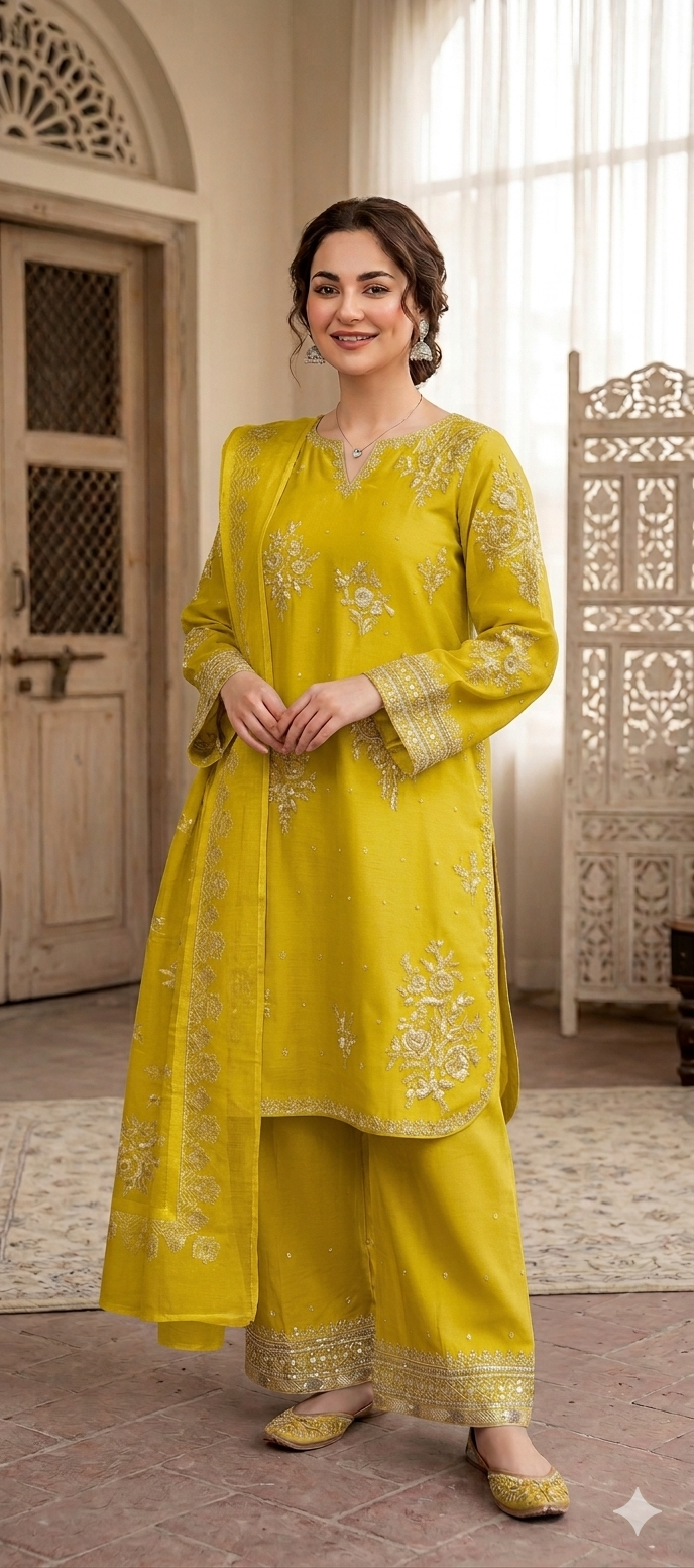 Yusra Essentials | Premium Embroidered 3-Piece Cotton Silk Suite – Slate Grey & Blush Flora