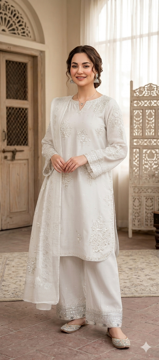 Yusra Essentials | Premium Embroidered 3-Piece Cotton Silk Suite – Slate Grey & Blush Flora