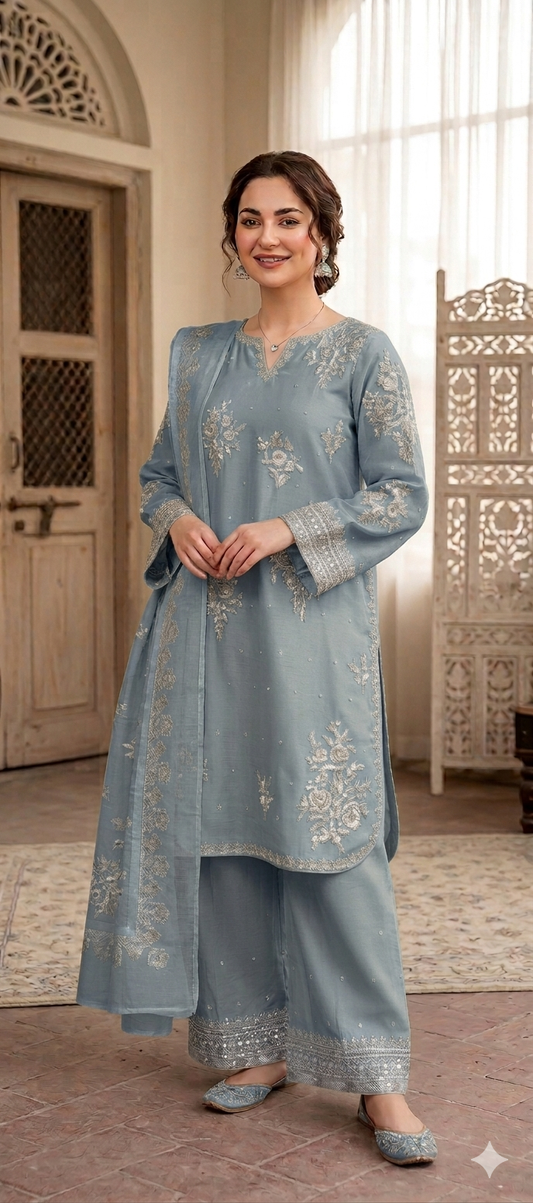 Yusra Essentials | Premium Embroidered 3-Piece Cotton Silk Suite – Slate Grey & Blush Flora