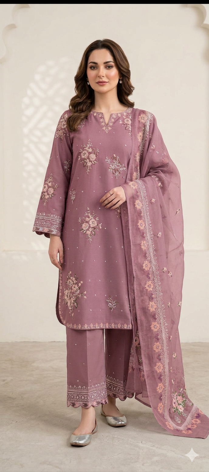 Yusra Essentials | Premium Embroidered 3-Piece Cotton Silk Suite – Slate Grey & Blush Flora