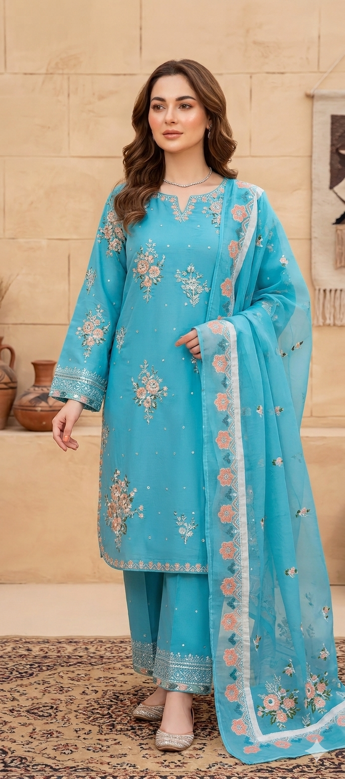 Yusra Essentials | Premium Embroidered 3-Piece Cotton Silk Suite – Slate Grey & Blush Flora